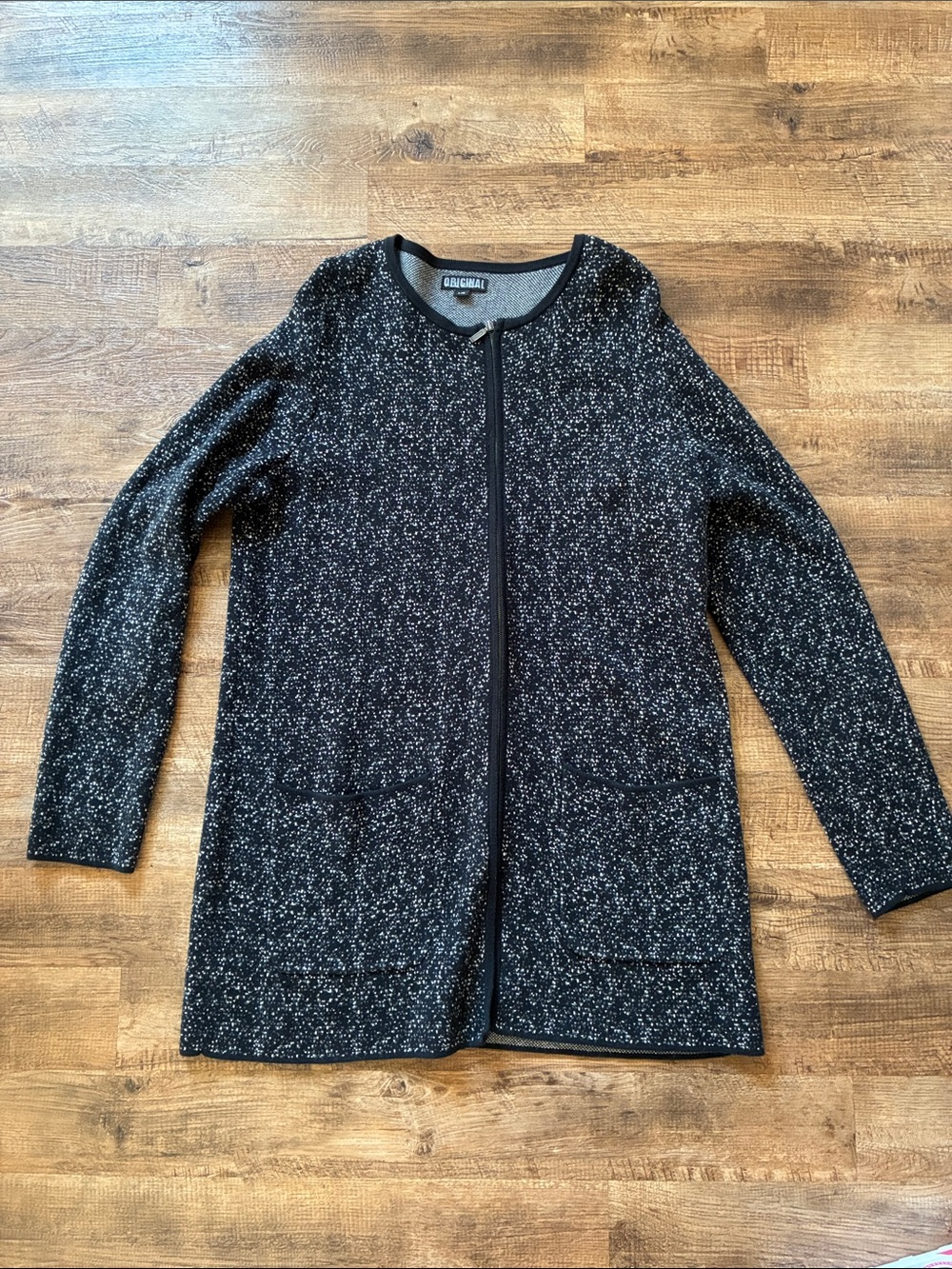 Nicole Miller Black Speckle Open-Front Long Cardigan